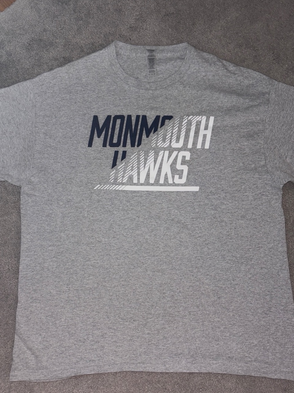 Gildan Gray Monmouth Hawks Graphic Tee with Navy & White Lettering